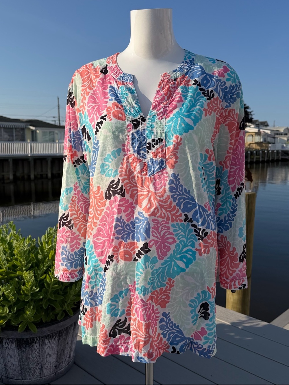 Talbots Multicolor Floral Print Top in Pink Blue Coral